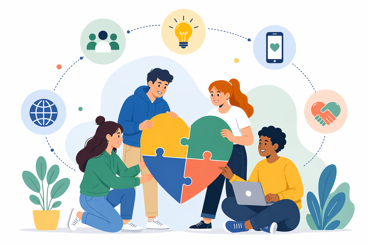 Vier junge Menschen setzen ein Herz aus vier Teilen zusammen. Das Herz steht symbolisch für Engagement und Zusammenarbeit.