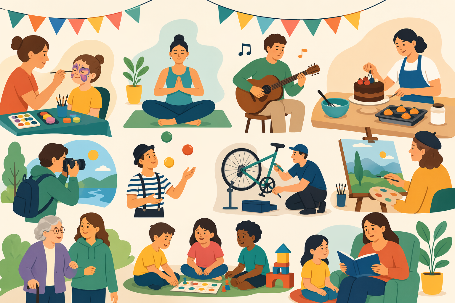 Eine farbenfrohe Szene zeigt viele Menschen bei unterschiedlichen Aktivitäten: Kinderschminken, Yoga, Musik machen, Backen, Fotografieren, Jonglieren, Fahrrad reparieren, Malen sowie gemeinsames Spielen, Spazieren und Vorlesen. Die Stimmung ist freundlich, lebendig und gemeinschaftlich.