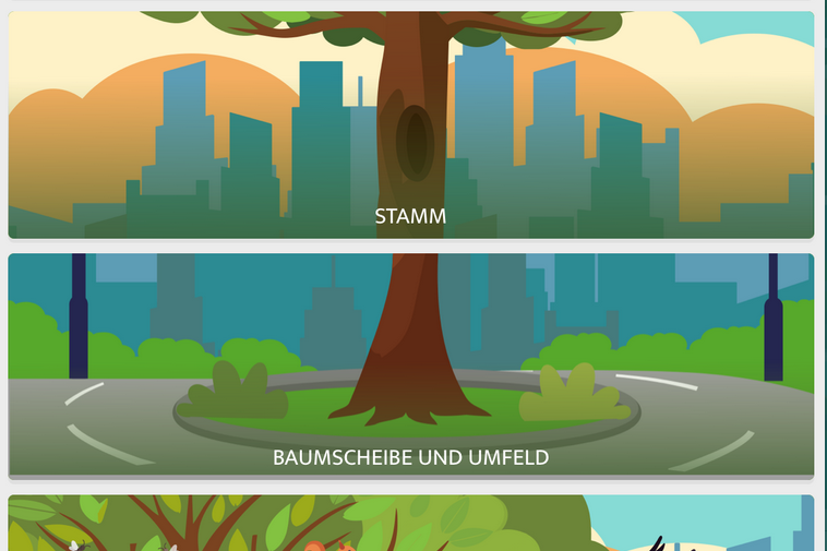 Die Grafik zeigt einen stilisierten Baum in der Stadt, aufgeteilt in vier Bereiche: oben die grüne Krone, darunter der Stamm mit Baumhöhle, dann die Baumscheibe am Boden mit Umgebung und unten Tiere am Baum wie Vögel, ein Eichhörnchen und Insekten.