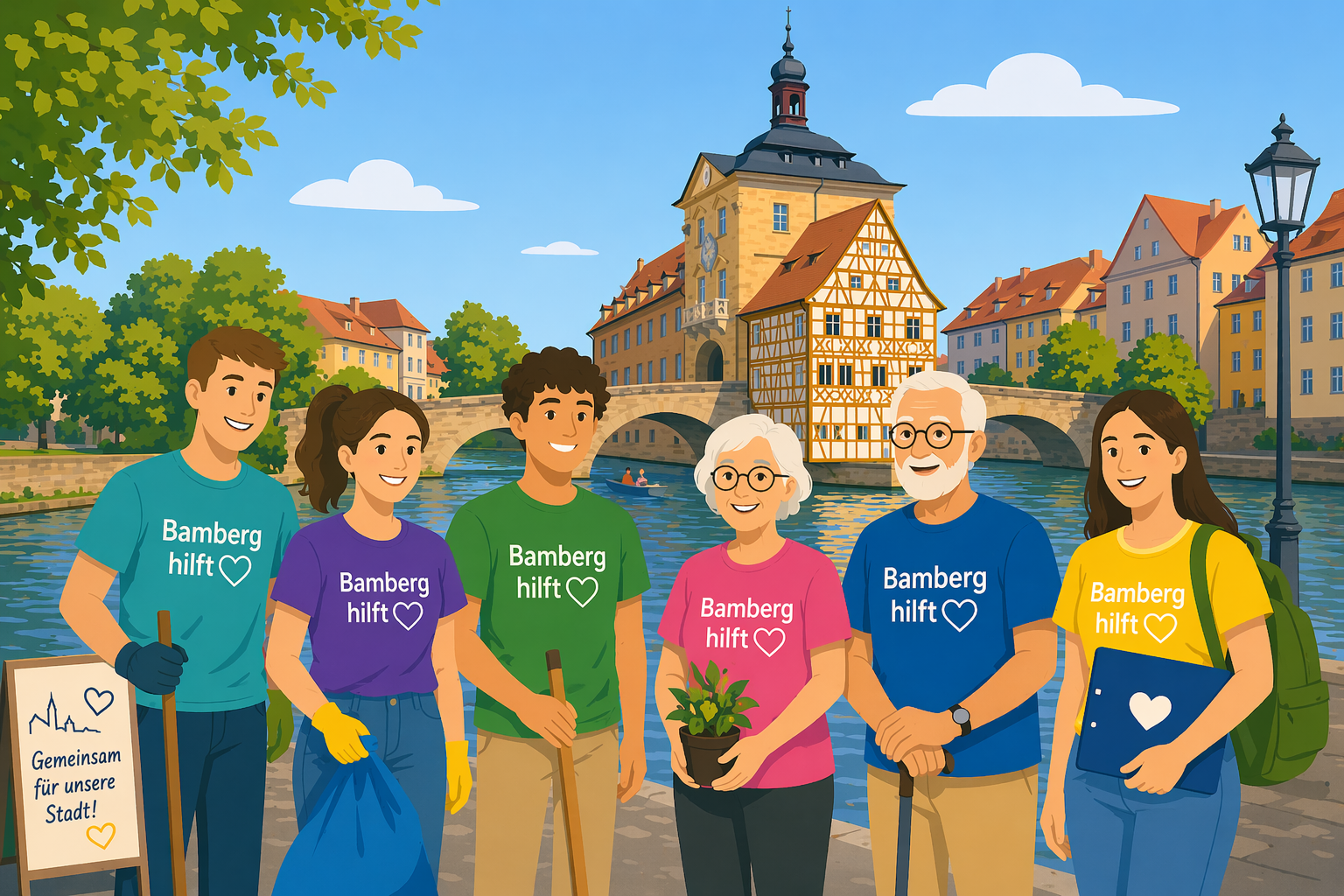 Eine Gruppe engagierter Menschen unterschiedlichen Alters (jung und alt) steht lächelnd am Ufer der Regnitz in Bamberg, im Hintergrund ist das Alte Rathaus zu sehen. Sie tragen T-Shirts mit dem Logo 'Bamberg hilft' in verschiedenen Farben und wirken motiviert.