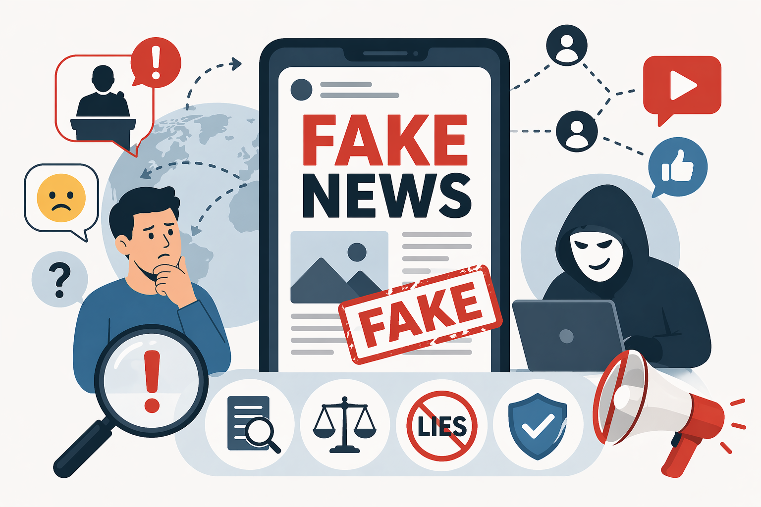 Rechts sitzt eine maskierte Figur am Laptop, die Falschinformationen verbreitet. Im Zentrum ist ein großes Smartphone mit einem als falsch markierten Beitrag. Links steht eine nachdenkliche Person, die die Nachricht anzweifelt.