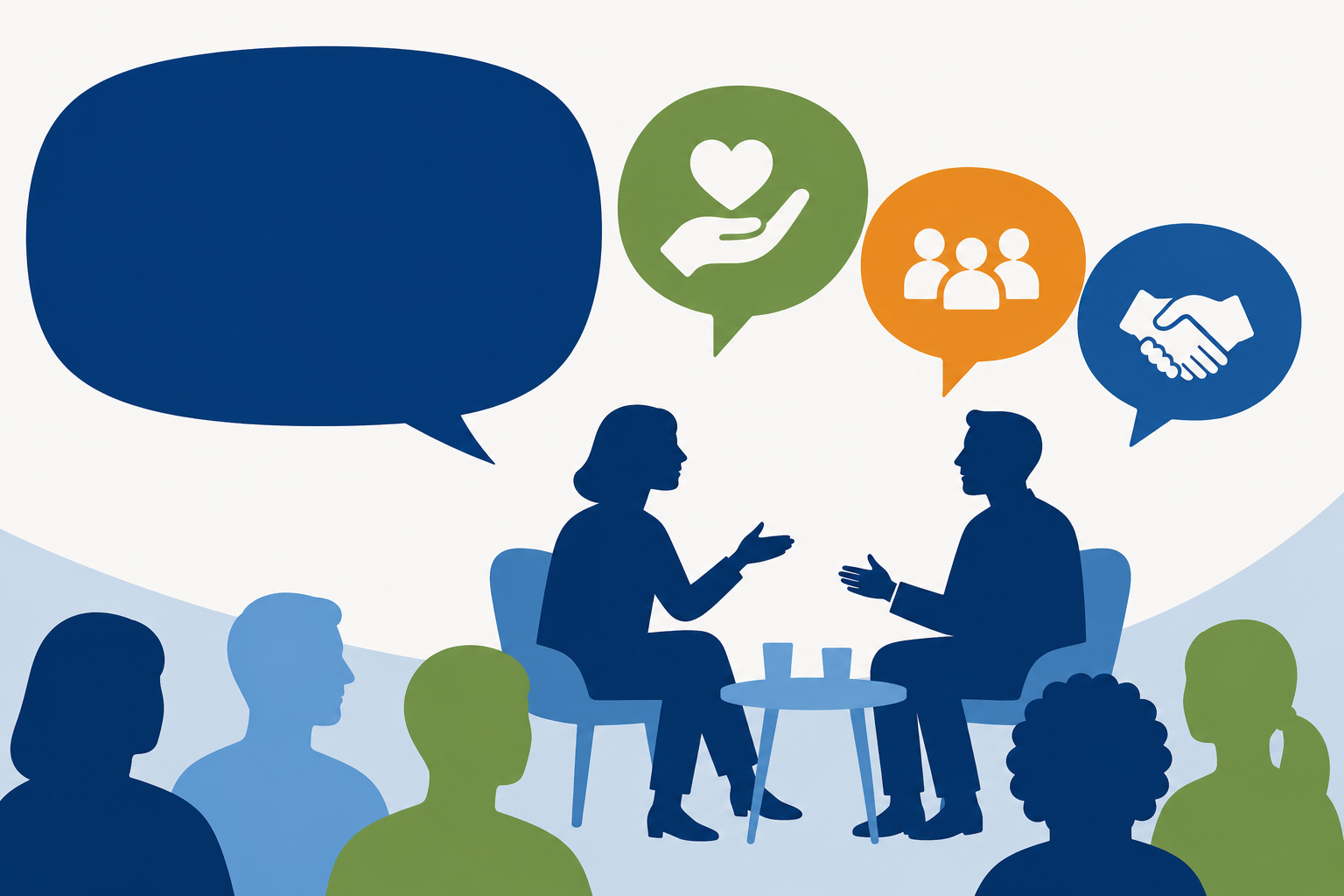 Gesprächsrunde: Drei Personen sitzen auf einer Bühne und diskutieren miteinander. Im Vordergrund hört ein Publikum zu. Über den Personen schweben Symbole für Austausch, Gemeinschaft und Engagement in Sprechblasen.