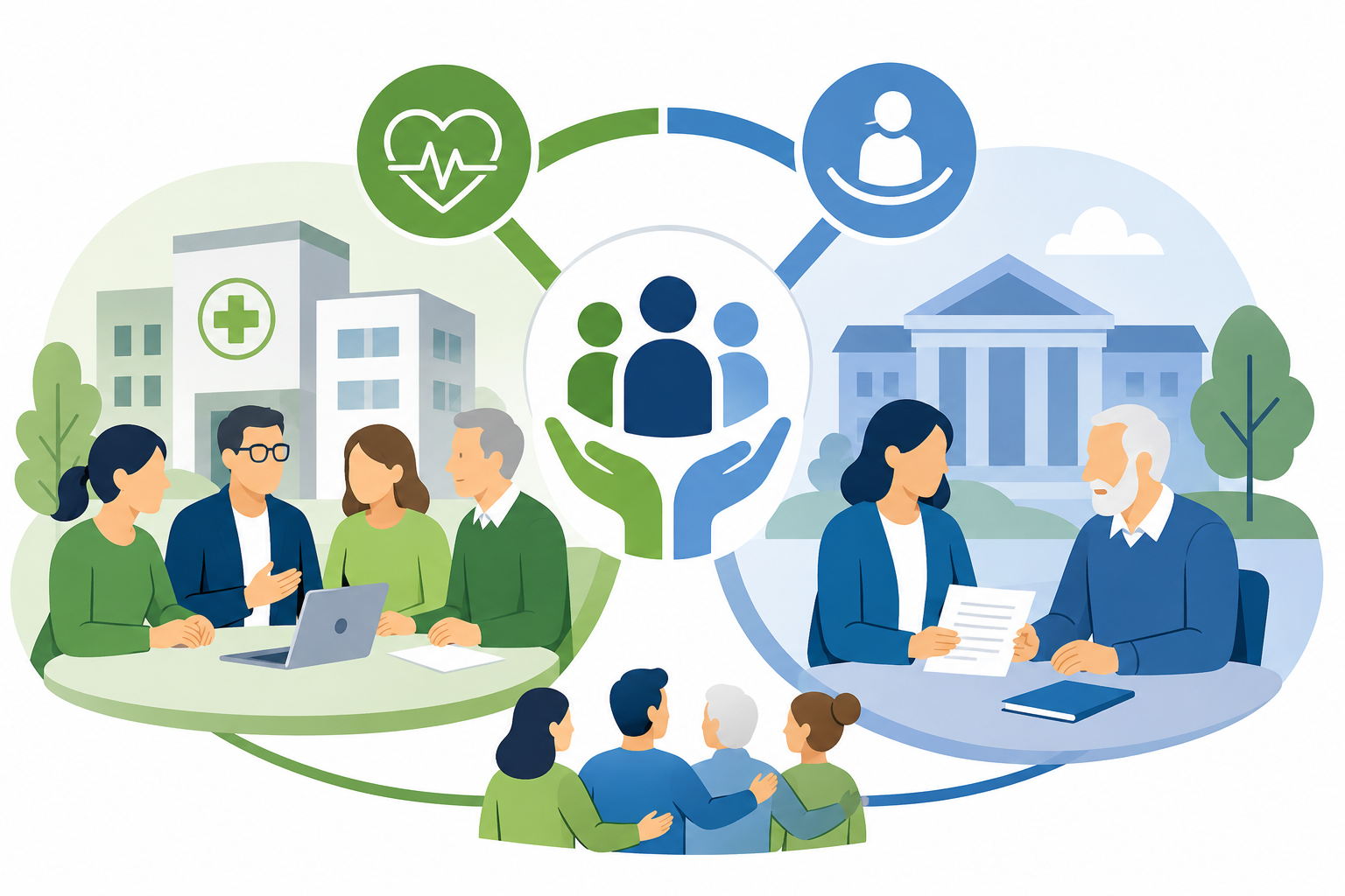 Die Grafik zeigt mehrere Menschen in Gesprächen und Beratungssituationen rund um Kranken- und Rentenversicherung. Links sitzt eine Gruppe an einem Tisch vor einem Gebäude mit Gesundheitssymbol, rechts berät eine Frau einen älteren Mann vor einem Verwaltungsgebäude. In der Mitte symbolisieren Hände und Personen Gemeinschaft, Unterstützung und ehrenamtliches Engagement.