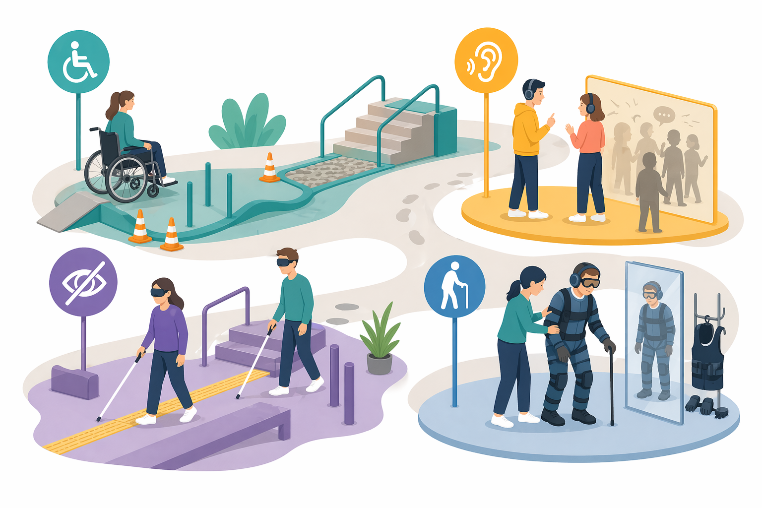 Menschen bewegen sich durch verschiedene Bereiche: Eine Person fährt im Rollstuhl über Rampen und Hindernisse, andere tragen Kopfhörer und sprechen miteinander, zwei Personen tasten sich mit Langstöcken über einen Weg, und eine weitere Person hilft jemandem in einem Alterssimulationsanzug beim Gehen. Die Szene vermittelt gemeinsames Erleben, Unterstützung und unterschiedliche körperliche Erfahrungen.