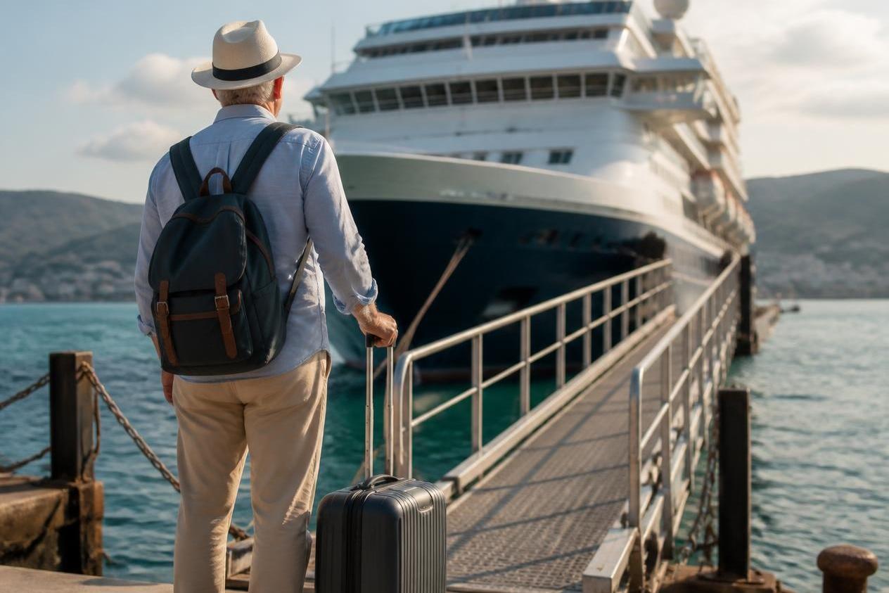 Ein älterer Mann mit Gepäck steht an der Gangway vor einem Schiff.