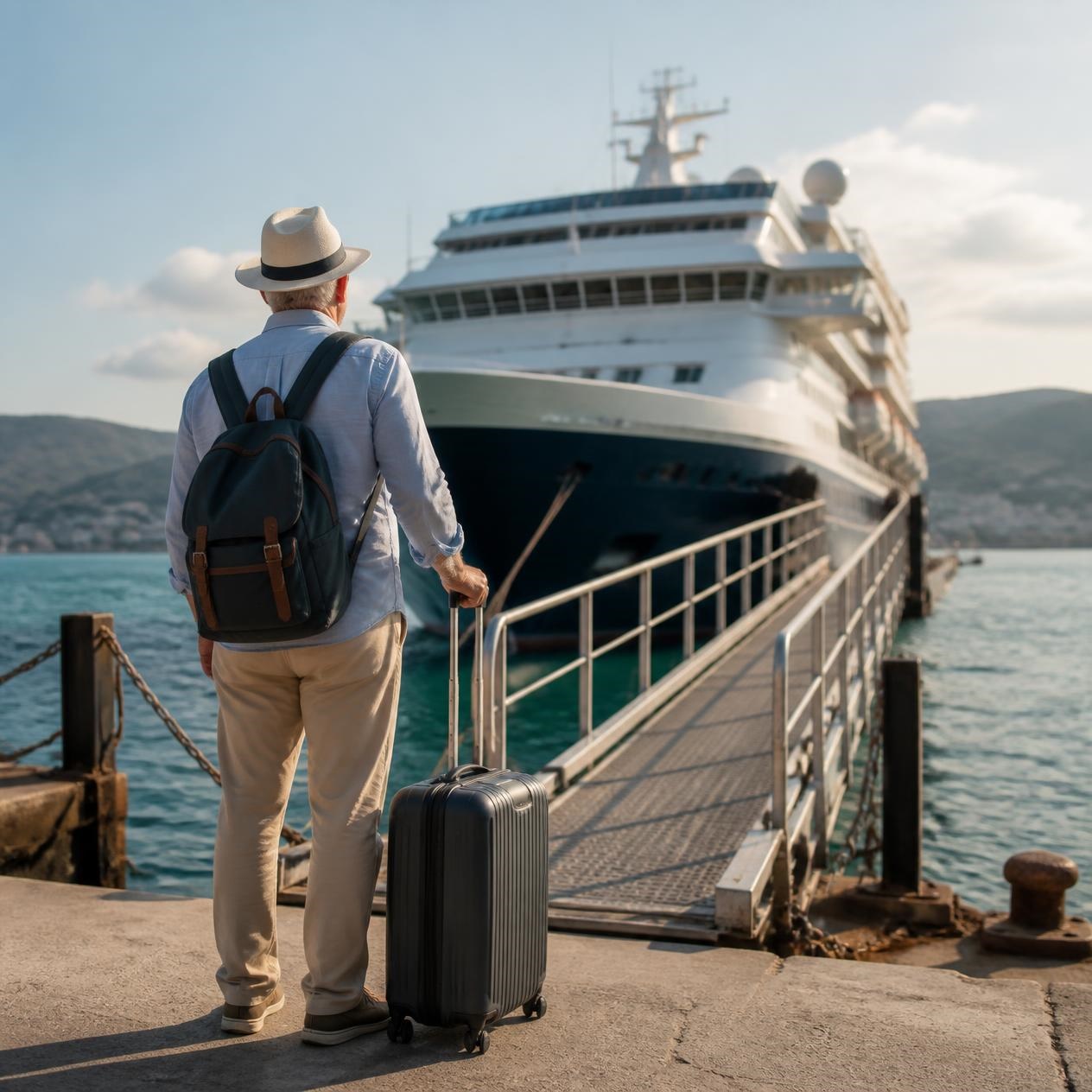 Ein älterer Mann mit Gepäck steht an der Gangway vor einem Schiff.